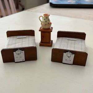 Doll house furniture. Miniature hospital beds with stand and Enesco pitcher.
